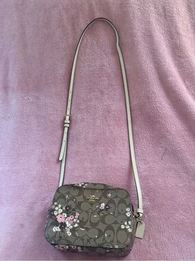 Coach Brown Floral Signature Crossbody with Light Pink Strap